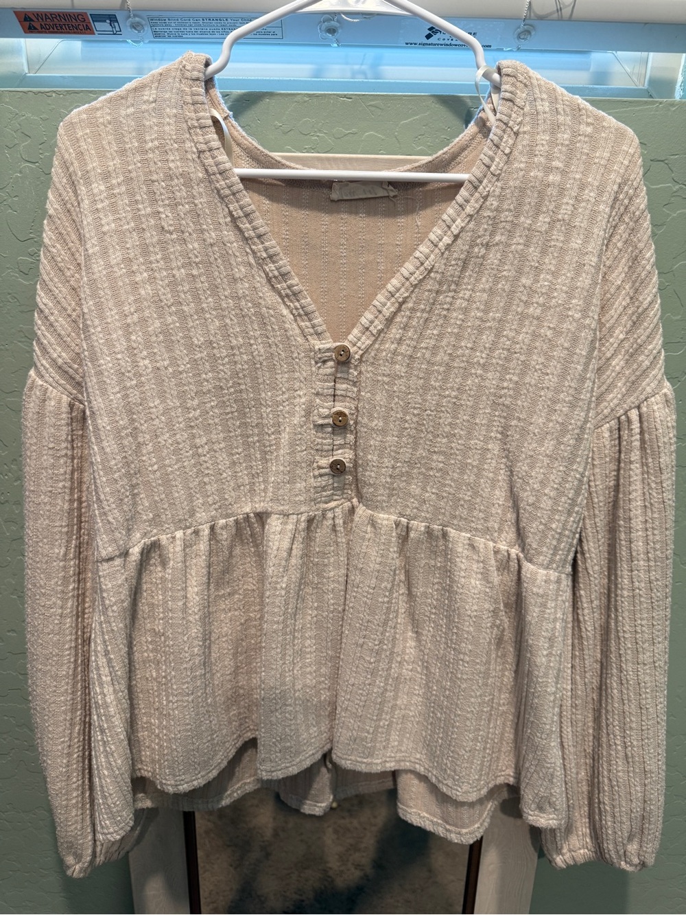 Women’s Cream Textured V-Neck Button Peasant Top